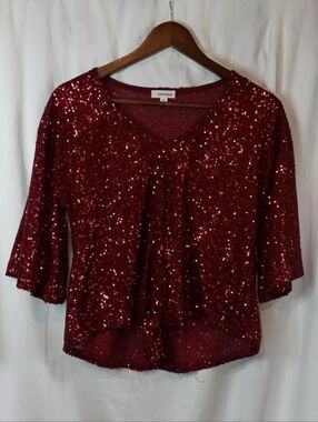 Eyeshadow Burgundy Sequin V-Neck Pullover Flowy Party Glam Fancy Elegant Small